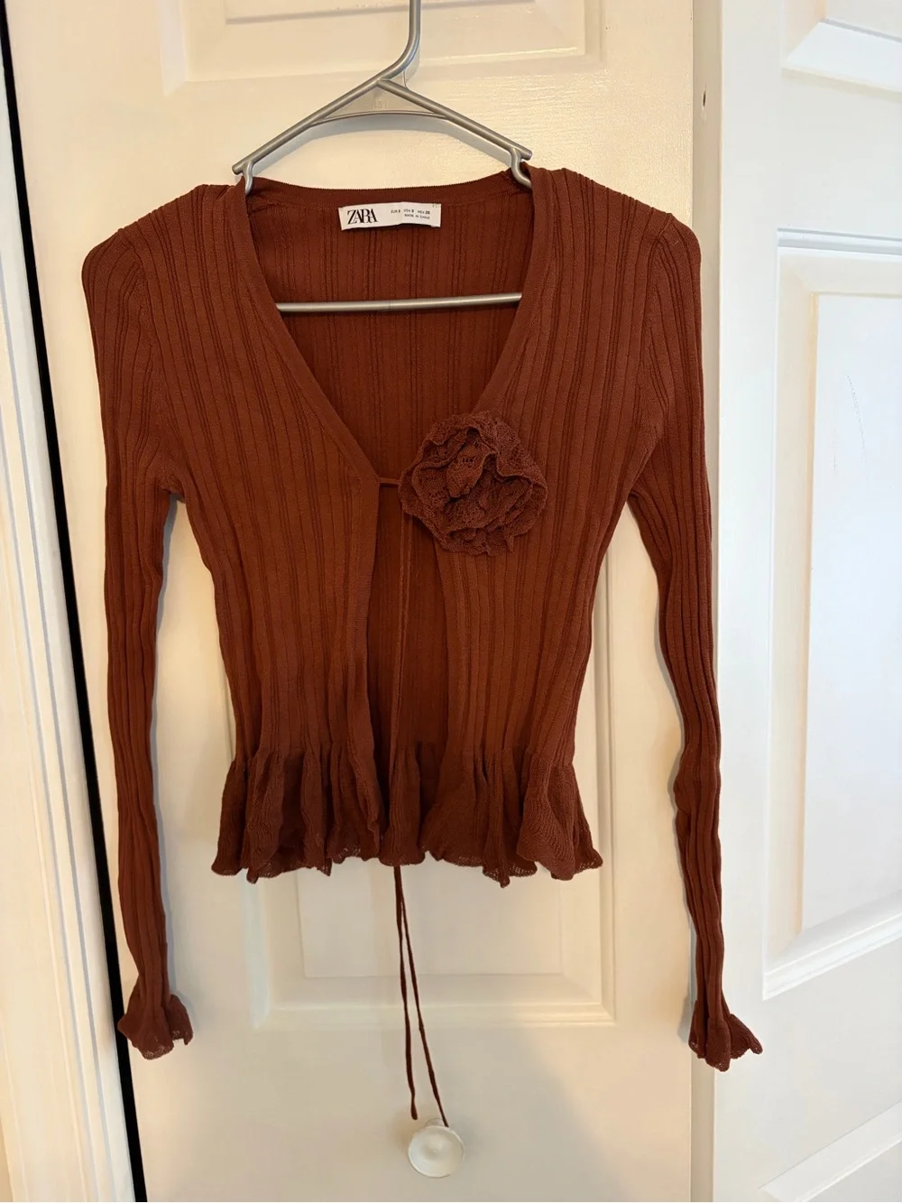 Zara Brown Ribbed Tie-Front Ruffle Cardigan